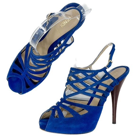 Fendi Royal Blue Suede Strappy Sling Back High Heel Platform Sandals size 39.5 - Picture 2 of 14